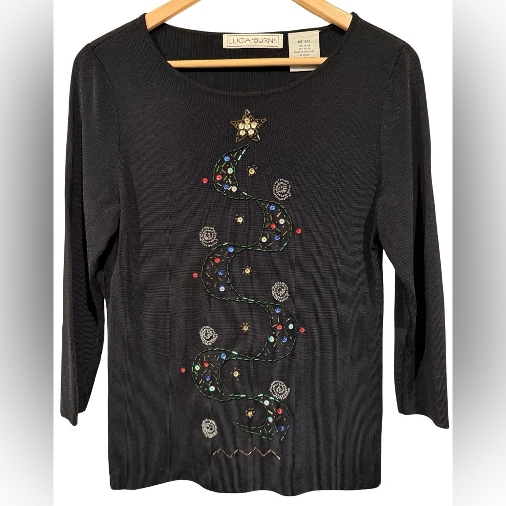 Lucia Burns Vintage 90s Christmas Tree Top Black Sequined Beaded Size M Festive